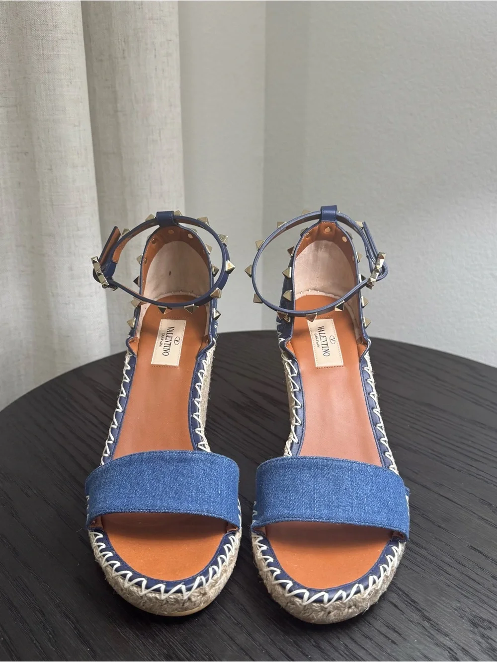 Valentino Garavani Rockstud Espadrille Wedge Sandals Denim Blue 39